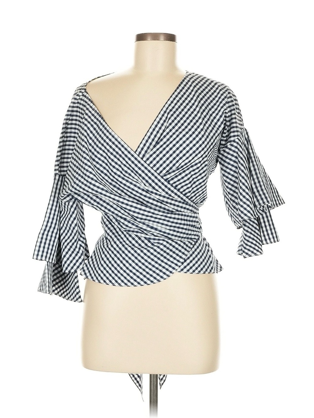 Wayf Navy and White Gingham Wrap Top with Ruffle Sleeves